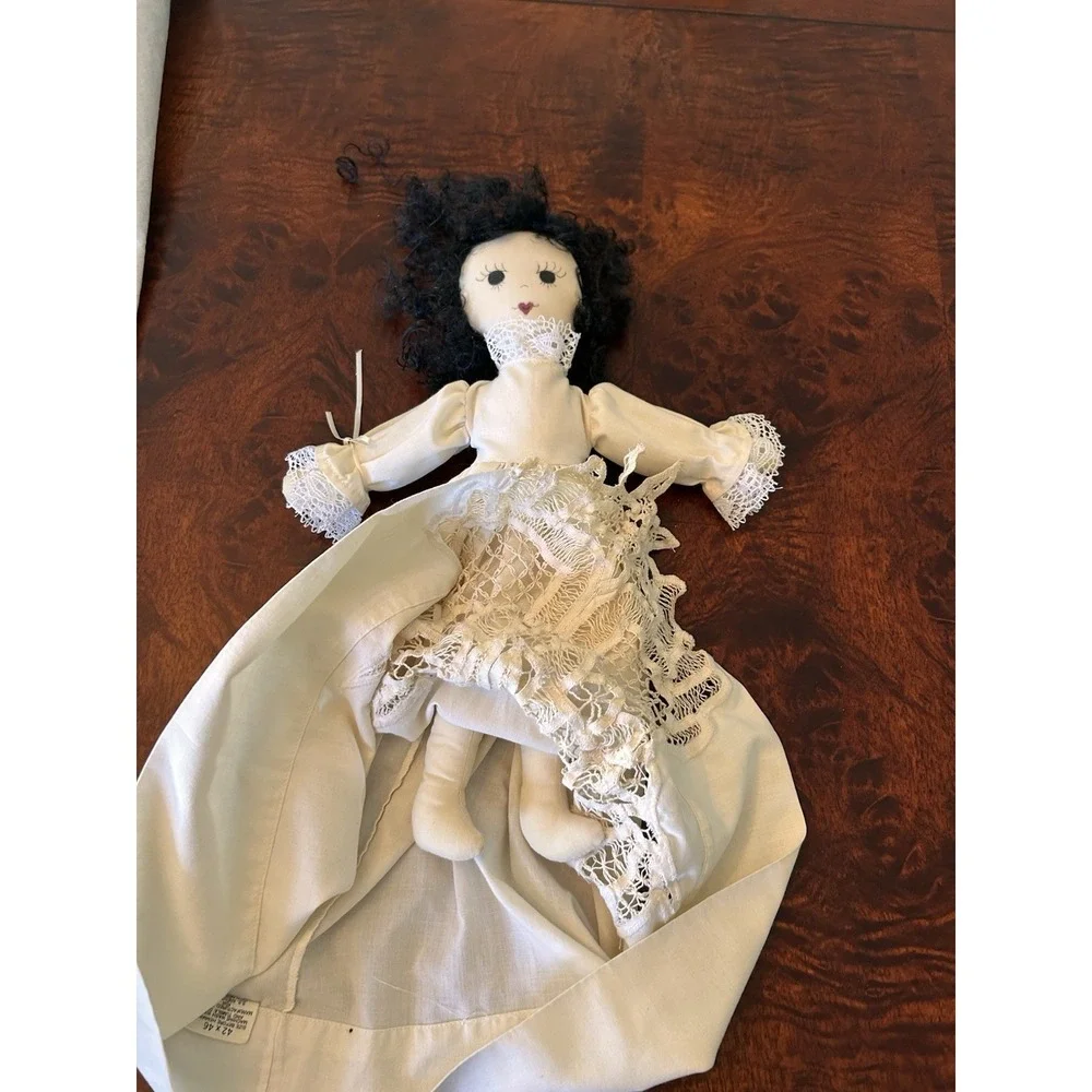 VTG Kmart Cloth Rag Doll wearing Intricate Lace Dress Curly Black Hair